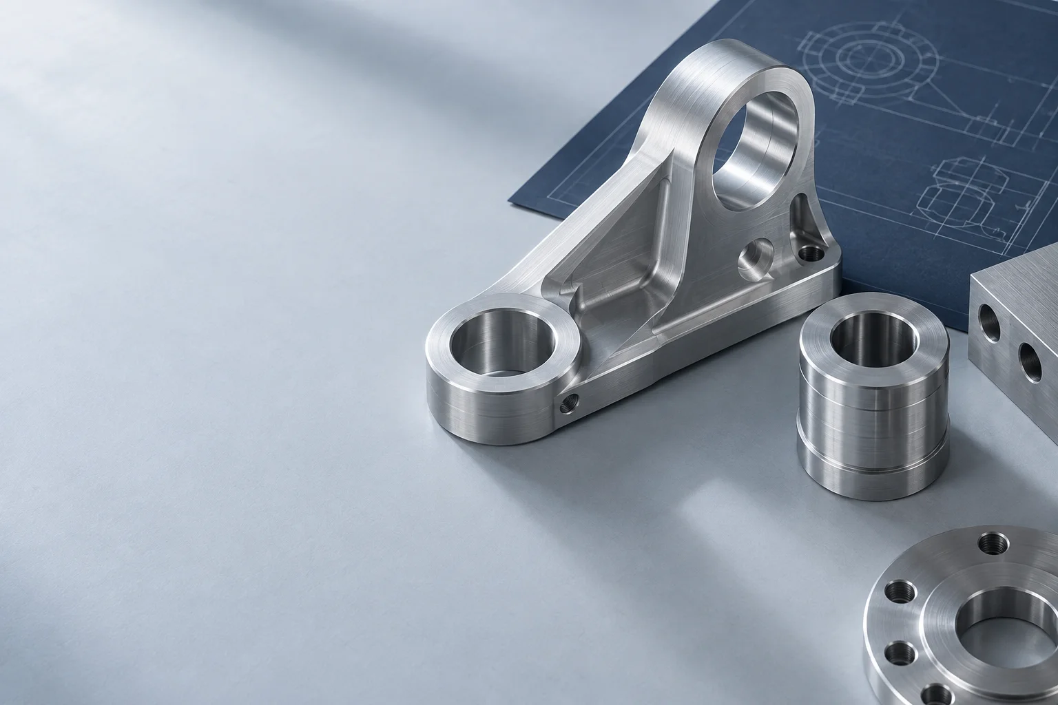Precision-machined aluminium components on an engineering desk, an illustrative industrial still life.