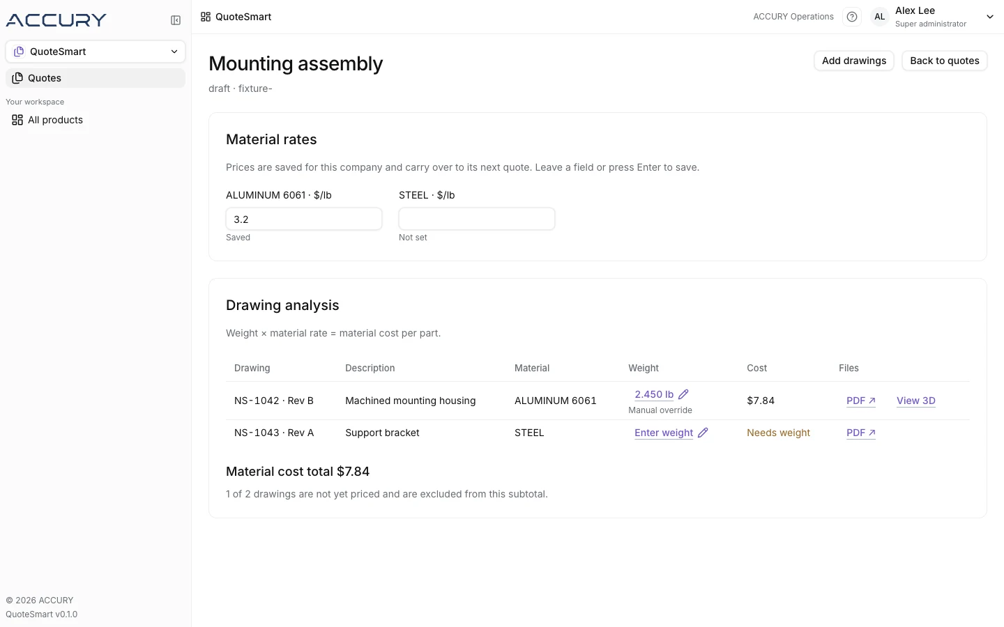 QuoteSmart application screenshot using sample data.